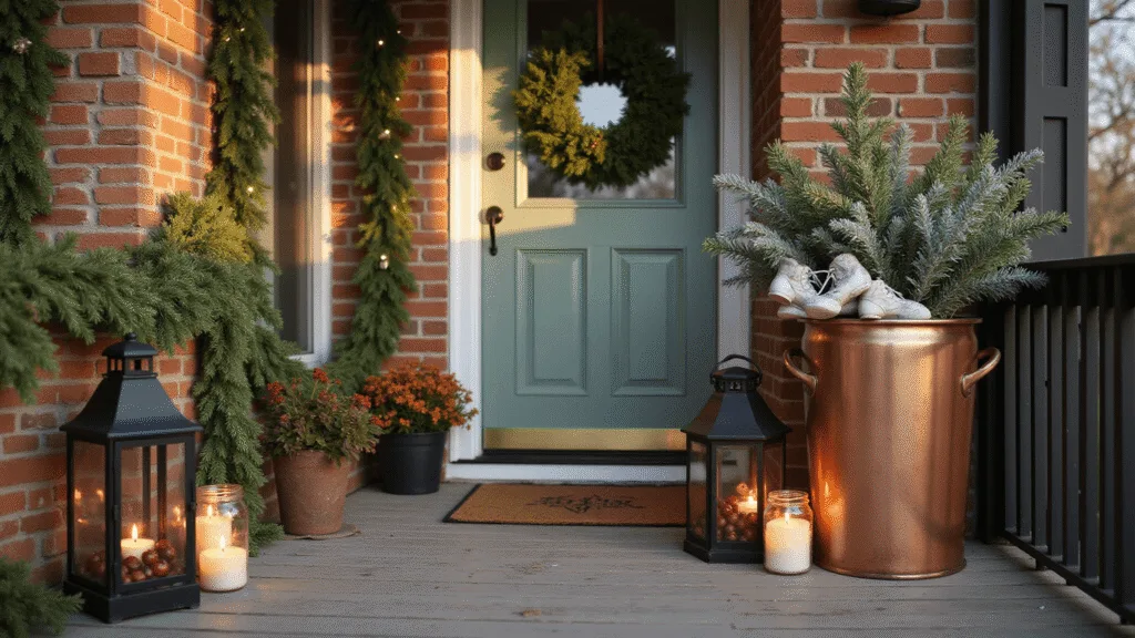 A cozy Christmas porch at golden hour, featuring a sage green door with a mercury glass wreath, surrounded by vintage decor, frosted pine branches, and warm glowing lights creating an inviting atmosphere.