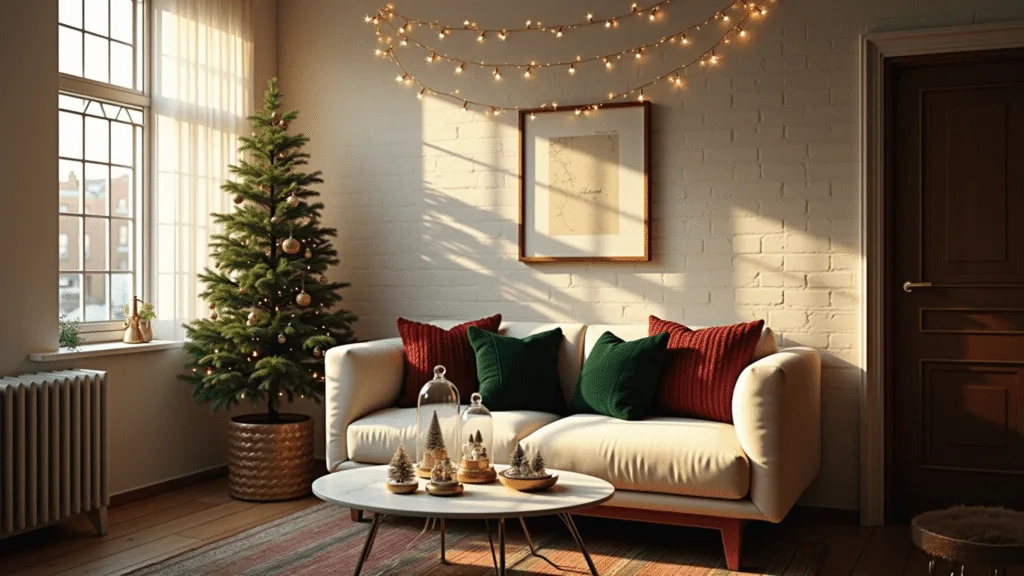 Hyperrealistic interior of a cozy studio apartment decorated for Christmas, featuring a slim tree, cream sofa with festive pillows, and warm natural light streaming through curtains.
