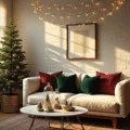 Hyperrealistic interior of a cozy studio apartment decorated for Christmas, featuring a slim tree, cream sofa with festive pillows, and warm natural light streaming through curtains.