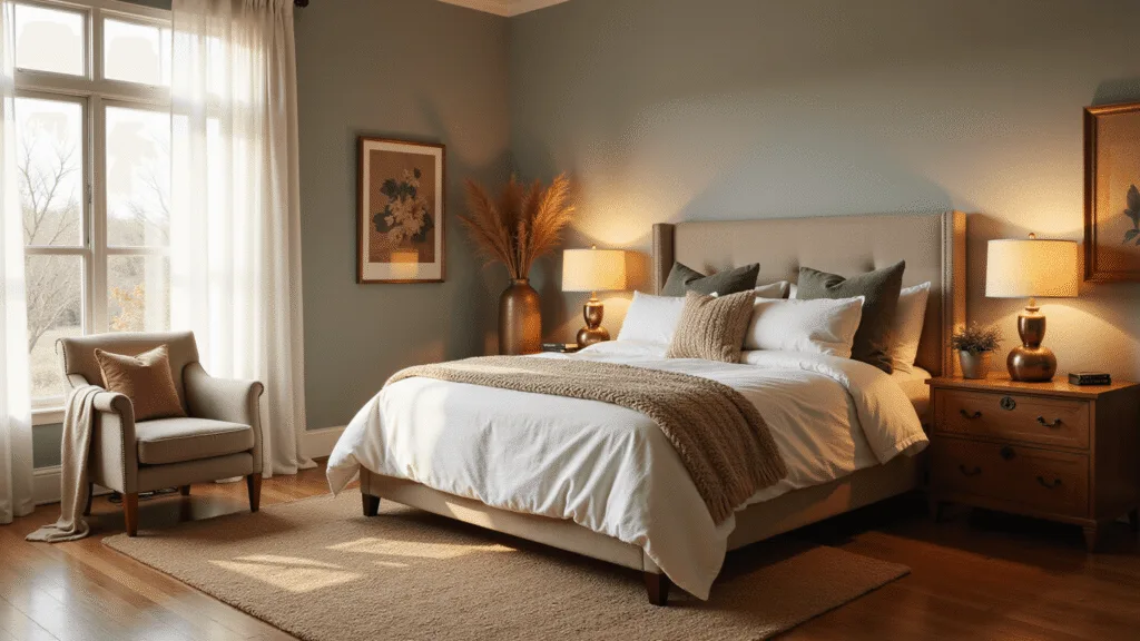 A cozy master bedroom featuring a queen-sized bed with cloud-white bedding, chunky knit throws, and velvet pillows, illuminated by golden hour sunlight filtering through sheer curtains, with vintage oak nightstands, a jute rug, and organic pampas grass accents.