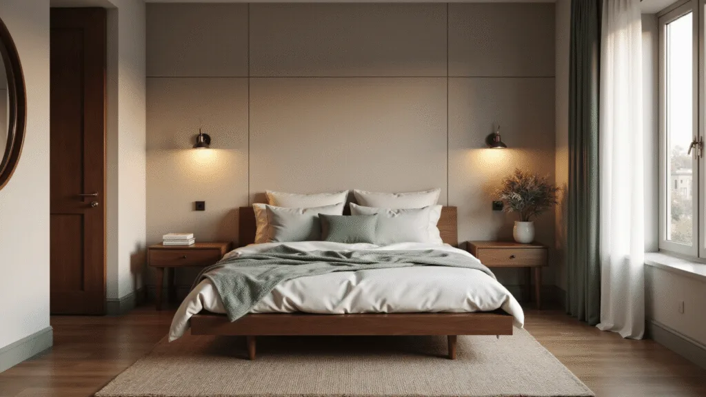 Cinematic wide-angle shot of a cozy small bedroom featuring a queen-size platform bed, warm wood accents, ambient brass lighting, and soft textiles, all bathed in golden hour light, emphasizing a serene and intimate atmosphere.