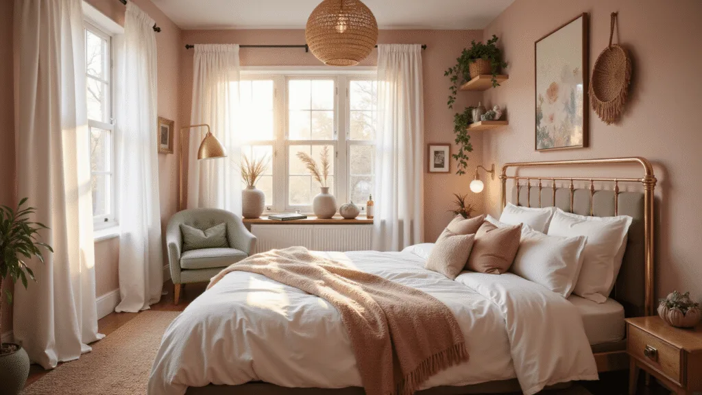 A dreamy boho bedroom featuring soft pink walls, a cloud-like king bed with layered white linen and blush velvet bedding, vintage brass bed frame, ethereal curtains, fairy lights, a sage green accent chair, and natural light streaming in, all adorned with trailing plants and a vintage Persian rug.