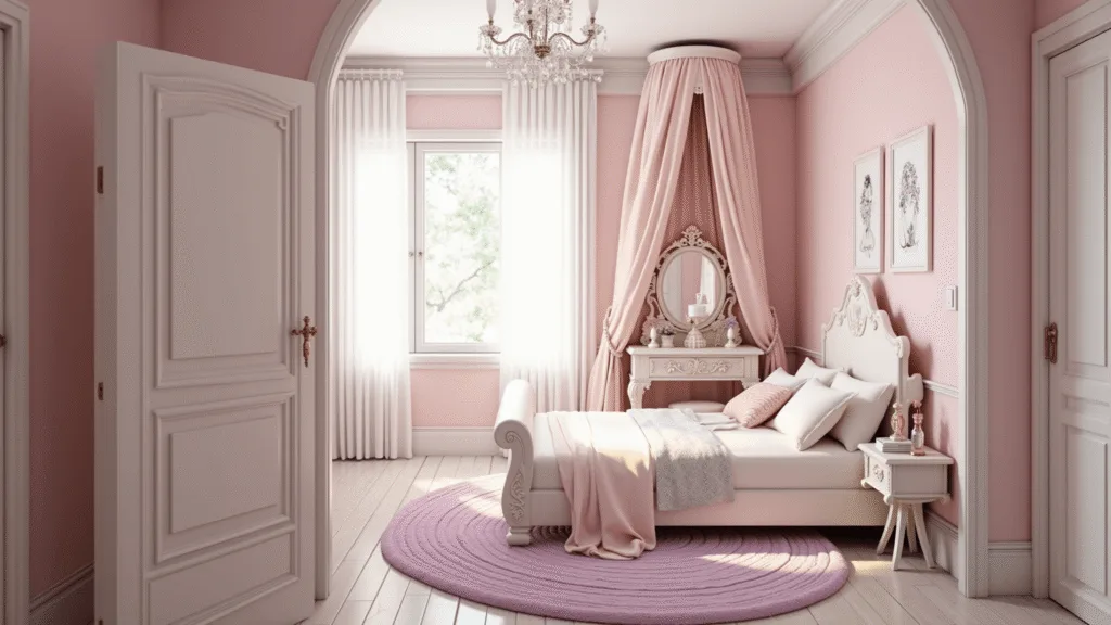 A dreamy princess bedroom with blush pink walls, a luxurious canopied bed, pearl-white furniture, and a crystal chandelier, illuminated by soft cinematic lighting and featuring vintage vanity, fairy lights, and layered rugs in a hyperrealistic 3D rendering.