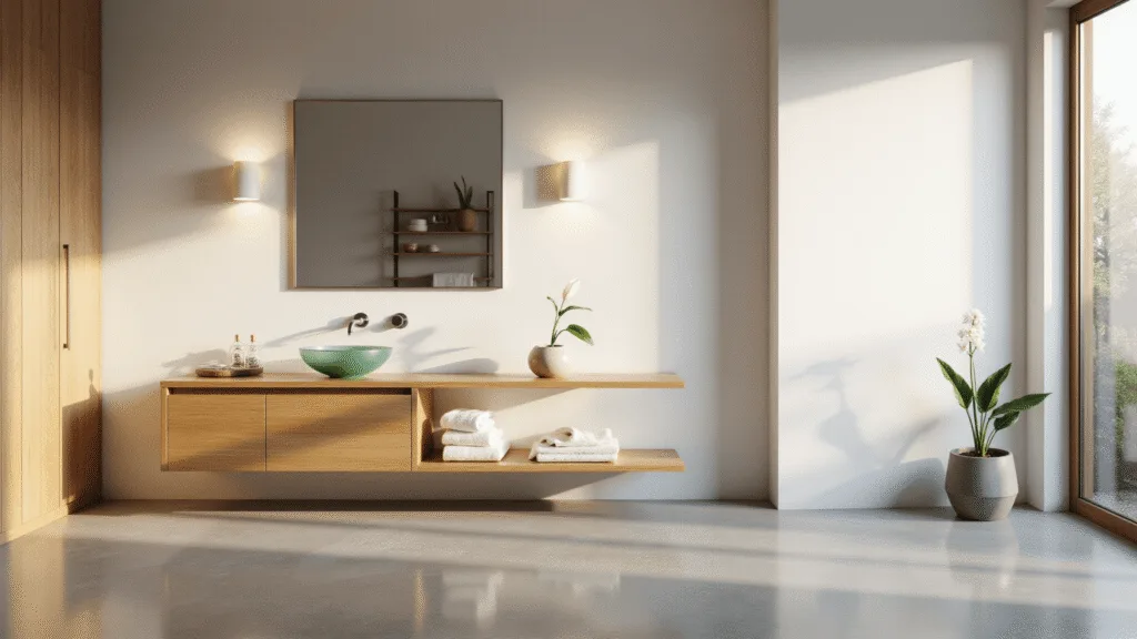 A serene, eco-friendly bathroom with a bamboo vanity, recycled glass sink, and warm, minimalist decor, bathed in morning light and featuring natural textures and soft shadows.