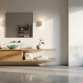 A serene, eco-friendly bathroom with a bamboo vanity, recycled glass sink, and warm, minimalist decor, bathed in morning light and featuring natural textures and soft shadows.