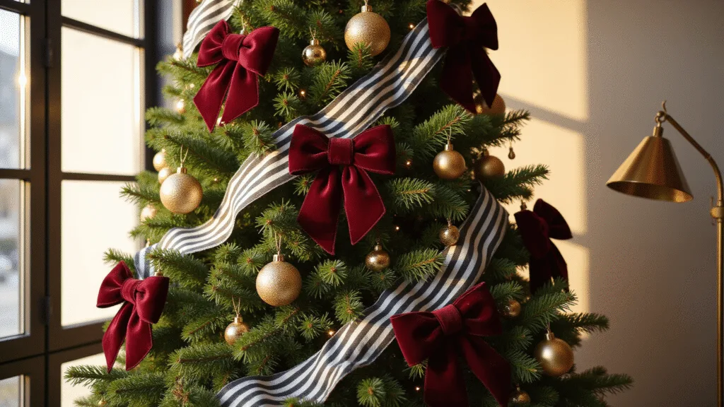 A majestic 9-foot Fraser fir Christmas tree adorned with black and white silk ribbons and burgundy velvet bows, positioned in a sunlit modern living room, showcasing warm lighting, metallic ornaments, and intricate textures.