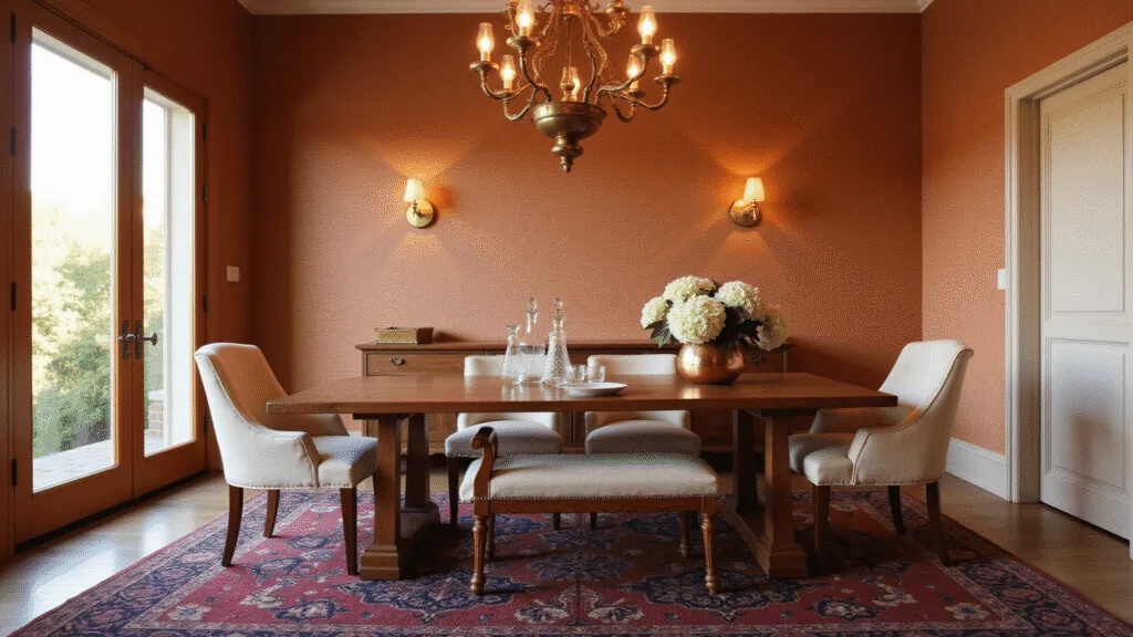 Elegant dining room bathed in golden hour light, featuring terracotta grasscloth wallpaper, a vintage walnut table with cream upholstered chairs, a brass chandelier, crystal decanters, and white hydrangeas in a copper vase, accented by a rich Persian rug.