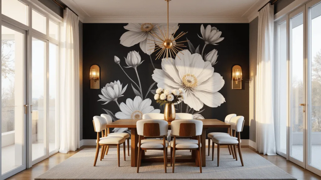 Photorealistic image of an elegant dining room with oversized black and white peony wallpaper, minimalist walnut dining table with cream upholstered chairs, brass sputnik chandelier, and natural light streaming through floor-to-ceiling windows.