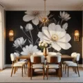 Photorealistic image of an elegant dining room with oversized black and white peony wallpaper, minimalist walnut dining table with cream upholstered chairs, brass sputnik chandelier, and natural light streaming through floor-to-ceiling windows.