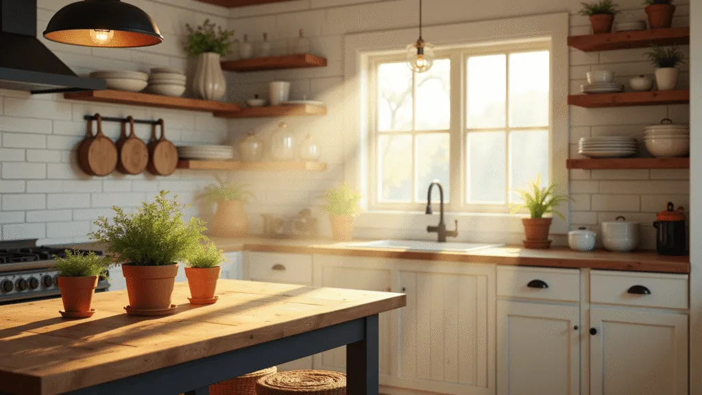 A cozy farmhouse kitchen filled with golden morning light, featuring white shiplap walls, cream cabinets, vintage dishes, a butcher block island with herbs, and industrial pendant lighting.