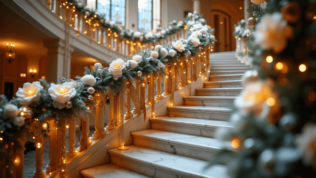 A grand curved marble staircase adorned with white and gold garlands, warm LED fairy lights, and oversized handcrafted cream and metallic gold paper flowers, captured at blue hour with dramatic lighting and a magical atmosphere.