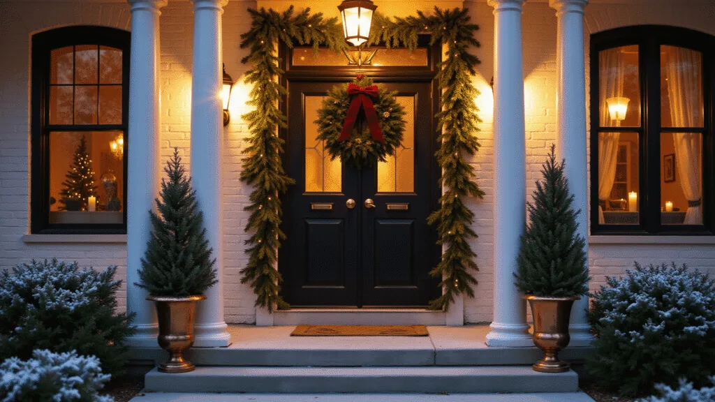 A grand Victorian front porch adorned for Christmas at twilight, featuring ornate columns draped in pine garland and lights, a large wreath on glossy black double doors, vintage lanterns, and snow-dusted topiaries, all captured in warm, elegant traditional tones.