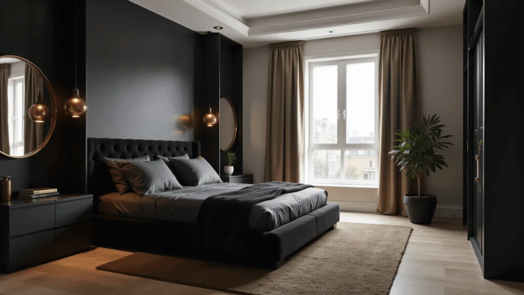 Cinematic interior of a luxurious black bedroom featuring a king-sized bed with a velvet headboard, accented by golden hour lighting, brass pendant lights, and rich textures, creating a moody atmosphere.