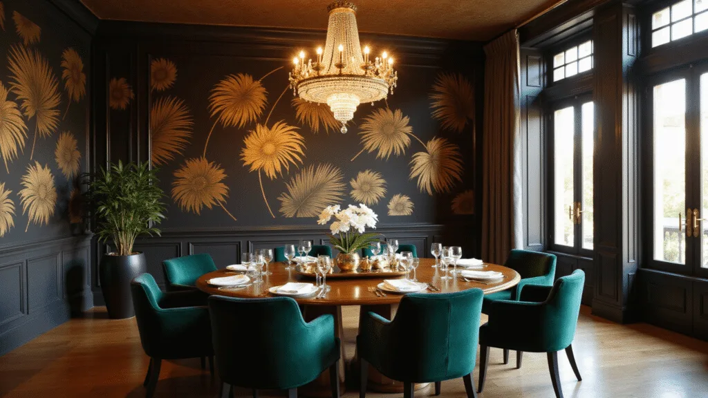 Opulent dining room at golden hour, featuring black and gold botanical wallpaper, a polished walnut dining table with emerald velvet chairs, and a crystal chandelier, illuminated by warm sunlight streaming through floor-to-ceiling windows.