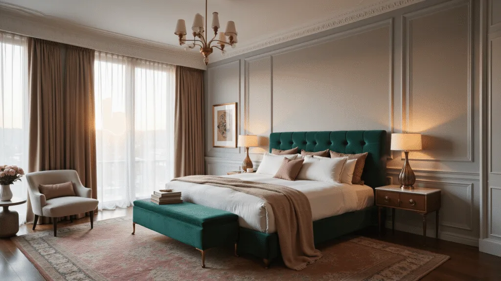 A luxurious modern bedroom featuring an emerald velvet king-size bed with cream linen bedding, blush silk pillows, and a cashmere throw, illuminated by golden hour light through floor-to-ceiling windows. The space includes brass accents, textured grey wallpaper, a vintage Moroccan rug, a velvet accent chair with a marble side table, fresh peonies, and modern abstract art, all captured in soft bokeh with professional lighting.