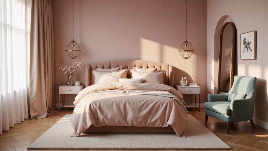 Photorealistic image of a luxurious pink-themed bedroom, featuring a tufted velvet headboard, silk bedding in gradient pinks, brass lighting, and herringbone oak floors, all illuminated by warm golden morning light.