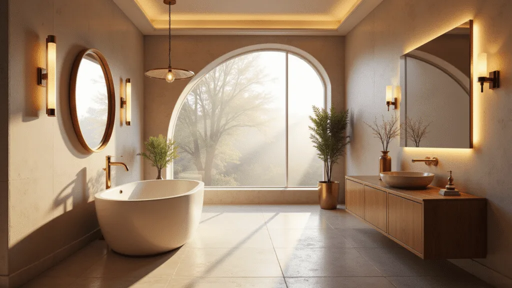 A serene luxury bathroom captured at golden hour, featuring a freestanding soaking tub, warm cream venetian plaster walls, and ambient lighting from hidden LED strips and wall sconces, with eucalyptus branches in copper and a backlit mirror adding elegance.