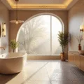 A serene luxury bathroom captured at golden hour, featuring a freestanding soaking tub, warm cream venetian plaster walls, and ambient lighting from hidden LED strips and wall sconces, with eucalyptus branches in copper and a backlit mirror adding elegance.
