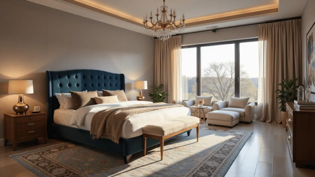 A luxurious master bedroom at golden hour featuring a king-sized bed with a navy velvet headboard, floor-to-ceiling windows, plush reading nook, sophisticated vanity, modern workspace, and elegant decor in muted hues and textures.
