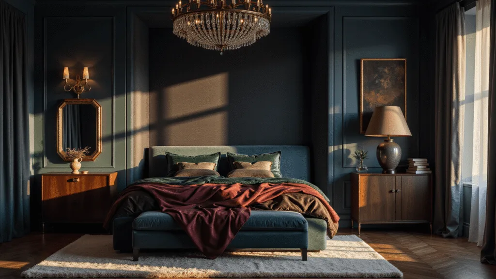 A luxurious dark bedroom featuring deep blue velvet walls, a king-size bed adorned in jewel-toned fabrics, burnished brass sconces, and a vintage chandelier, bathed in golden hour light with dramatic textures and ambient lighting.