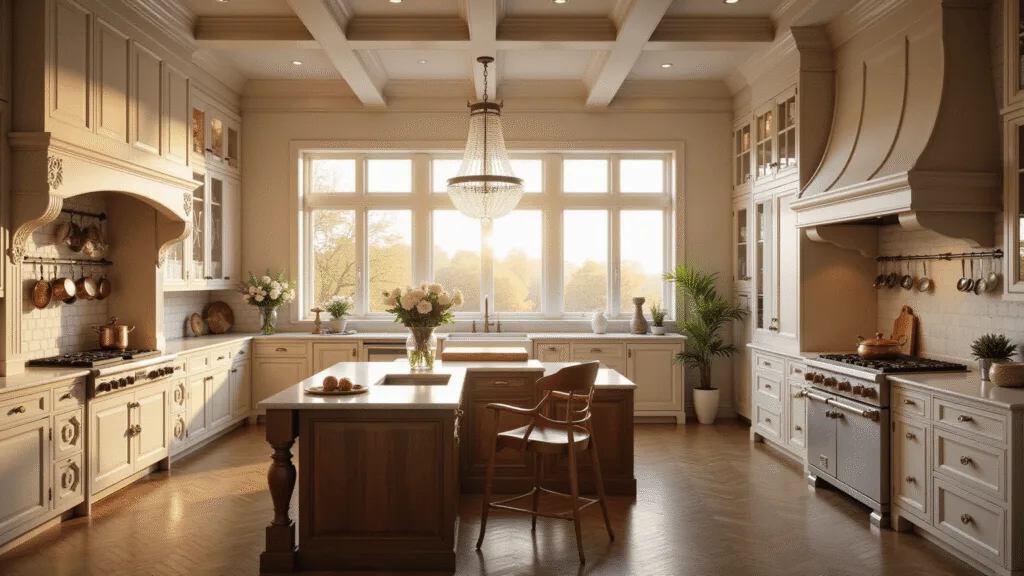 A luxurious traditional kitchen featuring cream-colored cabinetry, Calacatta marble countertops, and a vintage copper farmhouse sink, illuminated by warm golden hour sunlight through tall windows, with elegant wood flooring and professional-grade appliances.