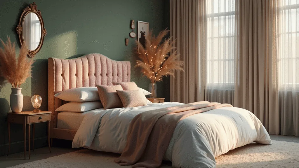 A luxurious modern bedroom sanctuary with sage green walls, blush pink velvet tufted headboard, cloud-like white duvet, and layered pastel pillows, featuring ambient fairy lights, a vintage brass mirror, and a plush cream carpet, captured in photorealistic detail with moody twilight lighting.