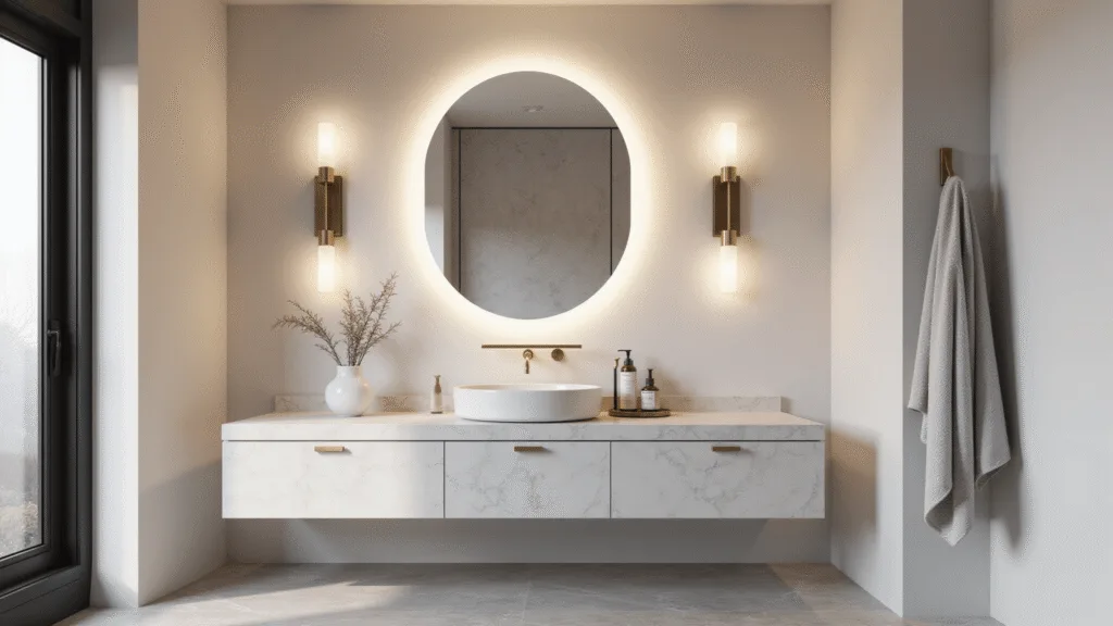 Photorealistic interior shot of a luxurious modern bathroom at golden hour, featuring a floating 48" marble vanity, backlit oval mirror, brushed gold sconces, frosted window light, and matte black hardware, captured in 8K resolution with atmospheric lighting.