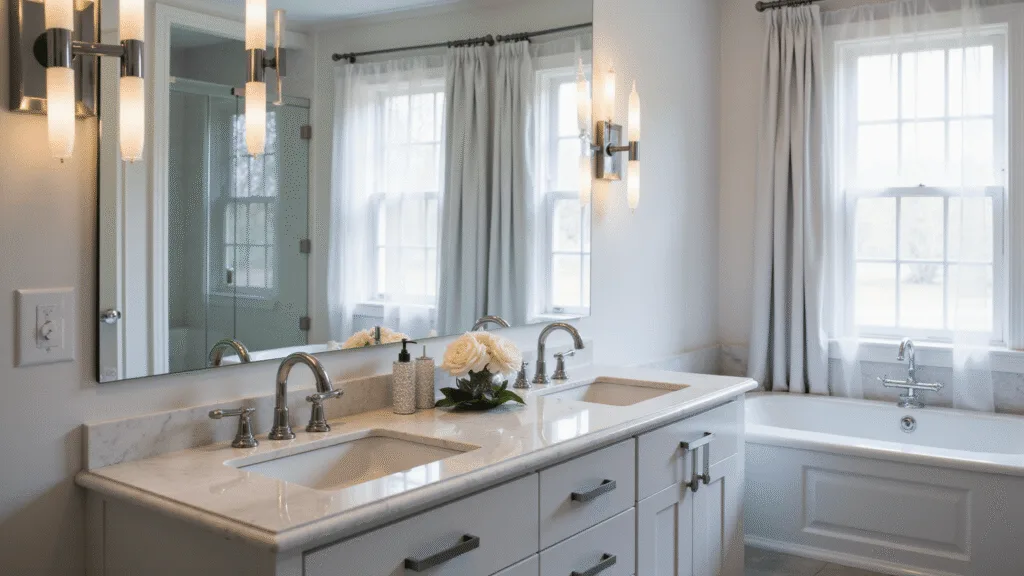 Photorealistic image of a modern luxury bathroom featuring a double vanity, large frameless mirror with Hollywood-style LED lighting, chrome fixtures, and polished marble countertops, all illuminated by natural and artificial lighting in a spacious 12x14ft setting.
