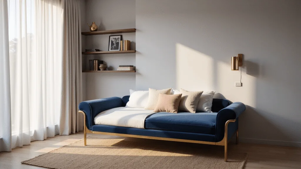 A luxurious guest bedroom featuring a navy blue velvet daybed with a brass frame, crisp white linens, and layered pillows, illuminated by natural sunlight through sheer curtains, with vintage brass sconces and a jute rug over oak flooring, captured in a wide-angle, photorealistic style.