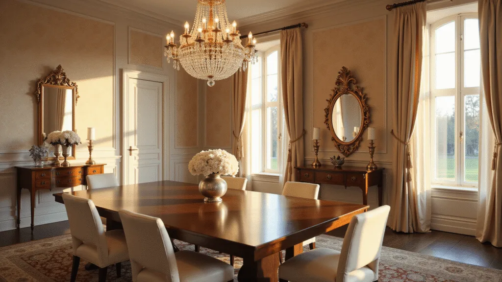 A luxurious dining room bathed in golden hour light, featuring a mahogany table, cream velvet chairs, elegant damask wallpaper, and a crystal chandelier, with fresh hydrangeas as a centerpiece.