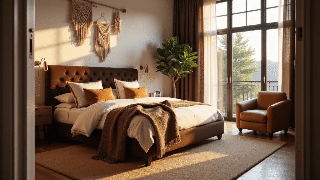 Photorealistic image of an elegant brown bedroom illuminated by golden hour sunlight, featuring a king-sized bed with a tufted velvet headboard, cream linen bedding, leather accents, vintage brass sconces, and a cozy leather armchair, all set against a warm, textured backdrop.
