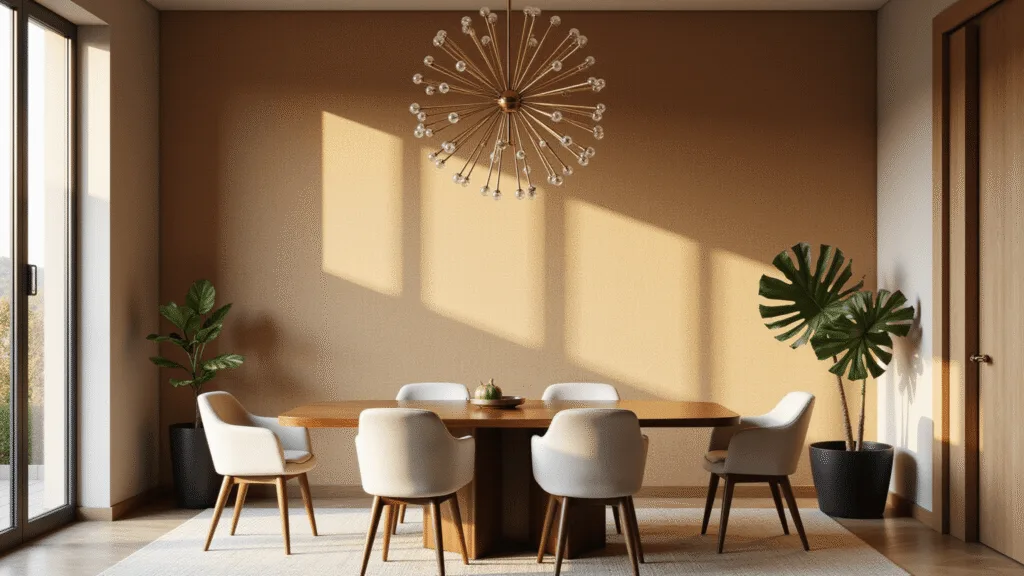 A photorealistic interior photograph of an elegant dining room featuring textured grasscloth wallpaper in honey beige, a mid-century walnut dining table, ivory upholstered chairs, and a brass sputnik chandelier. Natural golden light filters through floor-to-ceiling windows, highlighting a fiddle leaf fig plant and creating depth in the space.