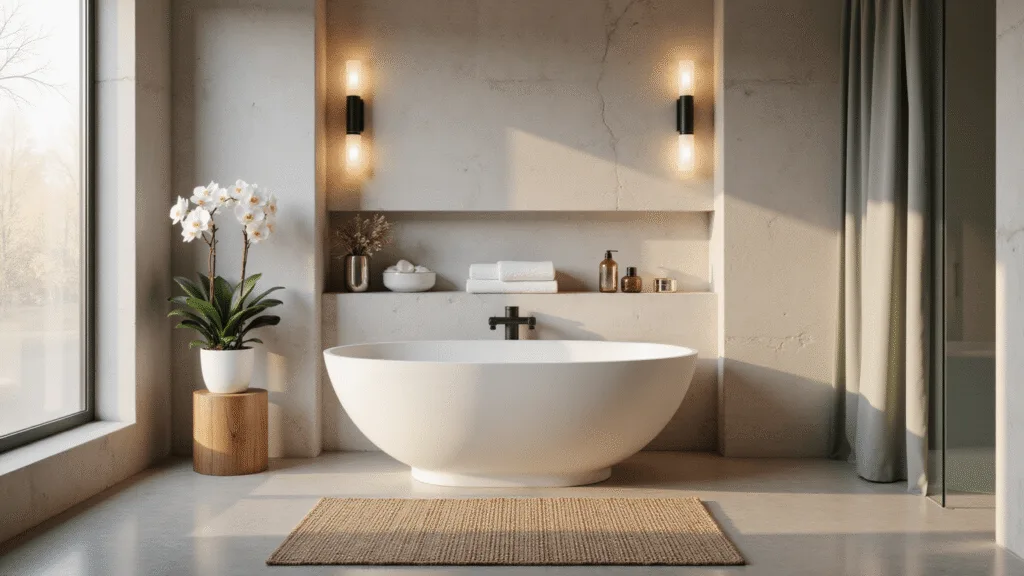 A serene, photorealistic spa-like bathroom featuring a freestanding white soaking tub against a textured limestone wall, illuminated by warm golden hour light filtering through frosted windows. The scene includes a floating marble shelf with a white orchid, a teak bath mat, layered white towels on a rattan stool, and mercury glass vessels with essential oils, all captured in ultra HD with a shallow depth of field.