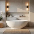 A serene, photorealistic spa-like bathroom featuring a freestanding white soaking tub against a textured limestone wall, illuminated by warm golden hour light filtering through frosted windows. The scene includes a floating marble shelf with a white orchid, a teak bath mat, layered white towels on a rattan stool, and mercury glass vessels with essential oils, all captured in ultra HD with a shallow depth of field.