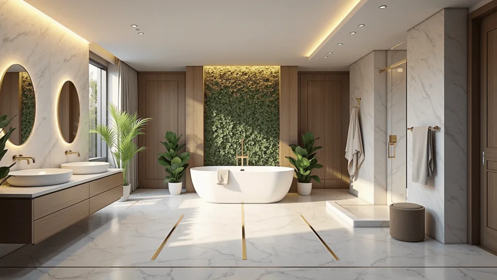 A modern luxury spa bathroom featuring a freestanding white soaking tub, textured travertine wall with greenery, rainfall shower, floating double vanity, and geometric marble floor tiles, all illuminated by soft morning light and smart LED strips.