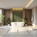 A modern luxury spa bathroom featuring a freestanding white soaking tub, textured travertine wall with greenery, rainfall shower, floating double vanity, and geometric marble floor tiles, all illuminated by soft morning light and smart LED strips.