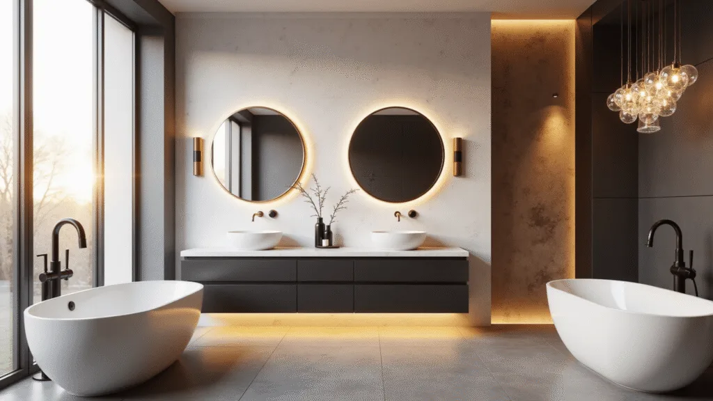 Photorealistic interior of a luxurious modern bathroom with golden morning sunlight, white marble surfaces, floating double vanity, oversized circular mirrors, and a freestanding soaking tub, featuring matte black fixtures and dramatic lighting.