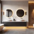 Photorealistic interior of a luxurious modern bathroom with golden morning sunlight, white marble surfaces, floating double vanity, oversized circular mirrors, and a freestanding soaking tub, featuring matte black fixtures and dramatic lighting.
