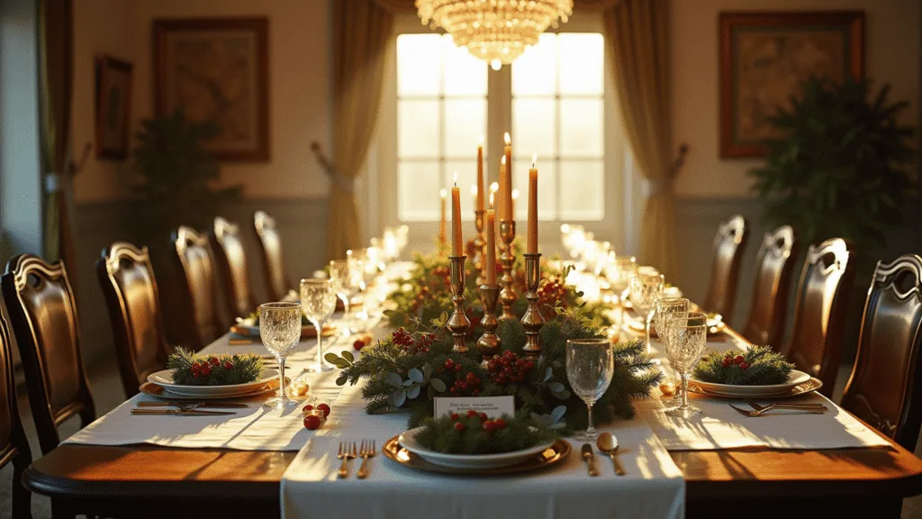 A luxurious dining room beautifully decorated for Christmas, featuring a dark mahogany table adorned with a white linen tablecloth, lush greenery, brass candles, and elegant table settings, all illuminated by warm golden hour light.