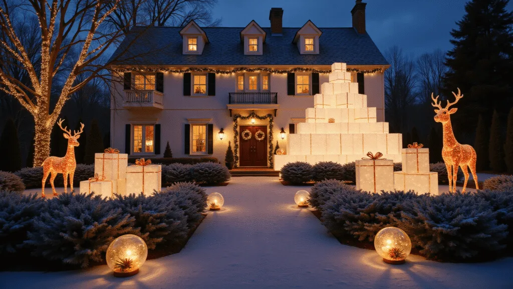 A grand colonial home adorned with oversized illuminated gift boxes in a pyramid formation, surrounded by twinkling lights, wooden reindeer sculptures, and a pathway of ice luminaries, all captured at dusk with falling snow.