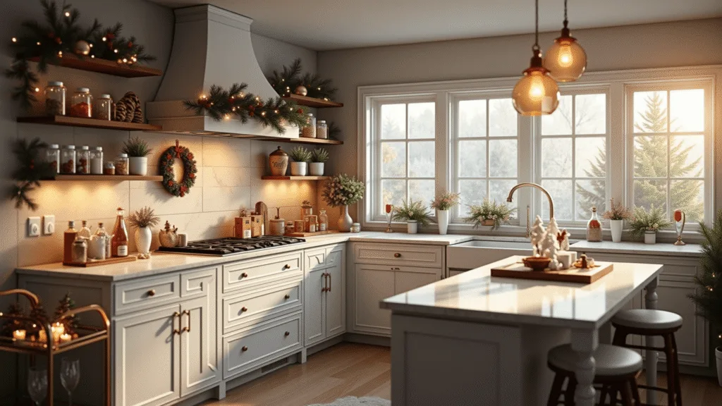 A cozy farmhouse kitchen adorned for Christmas, featuring white shaker cabinets with wreaths, a hot cocoa station on a marble countertop, a gingerbread village on the island, and festive decorations including cedar garland, vintage jars, and ambient lighting, all captured at golden hour.