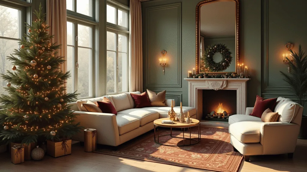 A luxurious living room decorated for Christmas, featuring sage green walls, a towering Fraser fir tree with champagne and cranberry ornaments, an oversized gold-leafed mirror above a limestone fireplace, and a plush cream sectional adorned with velvet throws and metallic pillows, all illuminated by warm, natural light.