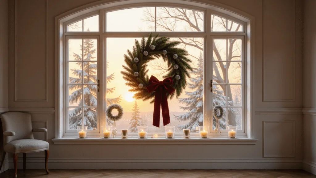 Photorealistic image of a grand bay window adorned with a large natural pine wreath and smaller wreaths, illuminated by warm golden hour light, showcasing cozy interior details.