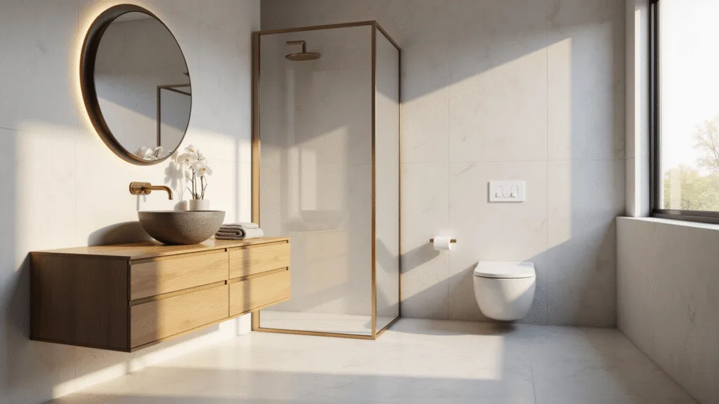 Photorealistic minimalist bathroom during golden hour, featuring white marble-effect tiles, bleached oak floating vanity, framed shower, oversized circular mirror, textured stone vessel sink, brushed brass fixtures, white orchid, and Turkish cotton towels.