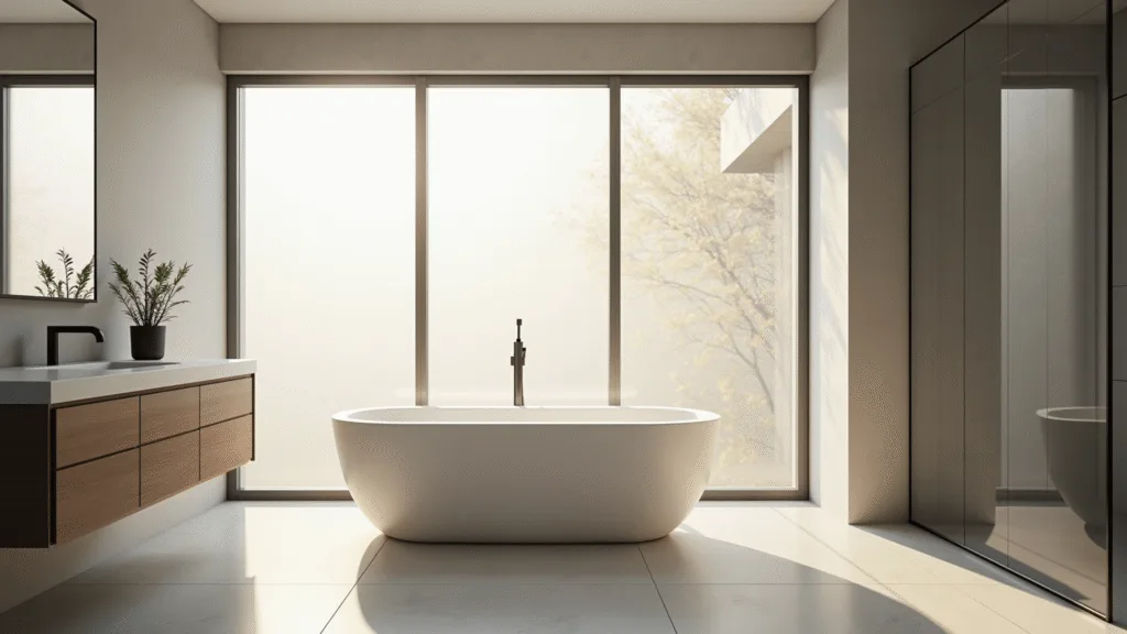 A serene minimalist bathroom featuring a freestanding white porcelain tub, light grey porcelain tiles, and a floating white oak vanity, all illuminated by soft morning sunlight through a frosted window.