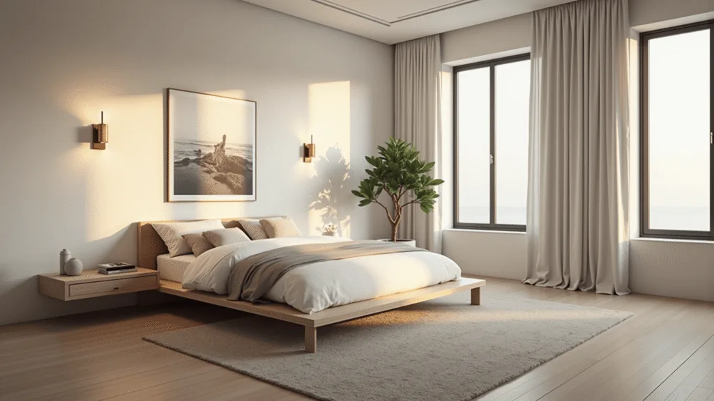 A serene minimalist bedroom bathed in golden hour sunlight, featuring a low-profile oak platform bed with crisp white bedding, floating nightstands, and a potted fiddle leaf fig, all set against matte white walls and natural wooden flooring.