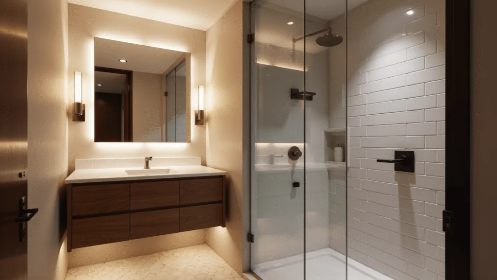 Photorealistic interior of a luxurious small bathroom featuring a walnut vanity, white quartz countertop, brushed nickel wall sconces, LED-backlit mirror, recessed ceiling lights, glass shower enclosure with matte black fixtures, under-cabinet LED strip, and hexagonal marble floor tiles, all illuminated with golden hour lighting.