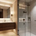 Photorealistic interior of a luxurious small bathroom featuring a walnut vanity, white quartz countertop, brushed nickel wall sconces, LED-backlit mirror, recessed ceiling lights, glass shower enclosure with matte black fixtures, under-cabinet LED strip, and hexagonal marble floor tiles, all illuminated with golden hour lighting.