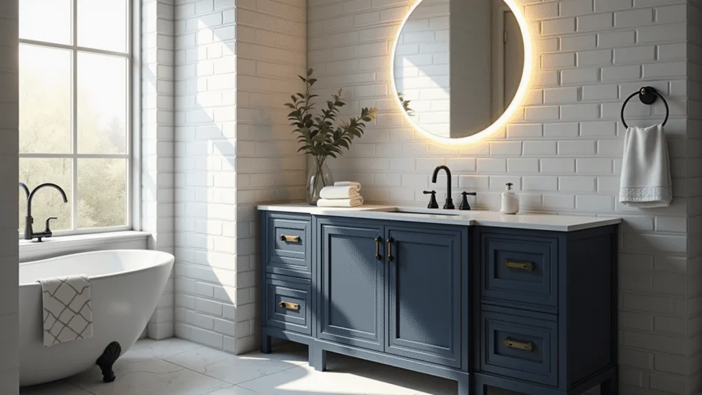 Photorealistic image of a modern bathroom featuring white subway tiles, a navy blue vanity with brass pulls, and a backlit circular LED mirror, illuminated by morning sunlight through a frosted window, complemented by matte black fixtures and natural marble floor tiles. Eucalyptus branches in a clear vase and fluffy white towels add a minimalist touch.
