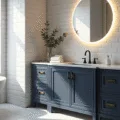 Photorealistic image of a modern bathroom featuring white subway tiles, a navy blue vanity with brass pulls, and a backlit circular LED mirror, illuminated by morning sunlight through a frosted window, complemented by matte black fixtures and natural marble floor tiles. Eucalyptus branches in a clear vase and fluffy white towels add a minimalist touch.